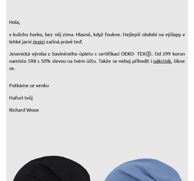 Richard Woox: Jesenická čepice s 50% slevou – červenec 2026 | Nuslet.cz