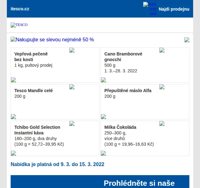 Tesco: minimálně 50% sleva na potraviny – březen 2026 | Nuslet.cz