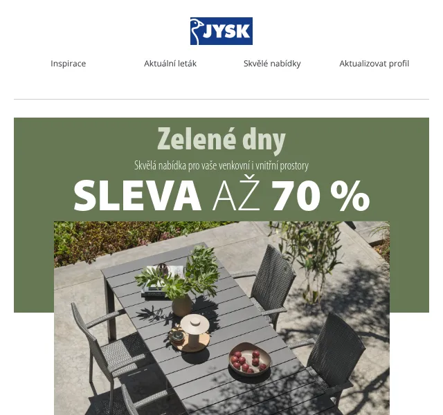 JYSK: Slevy až 70 % – Zelené dny květen 2026