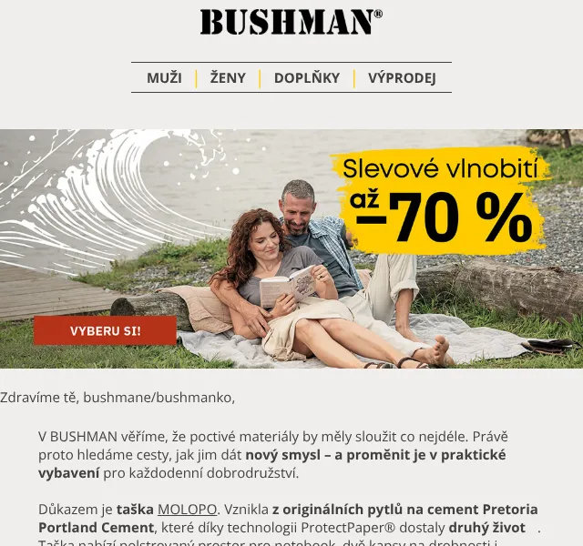 BUSHMAN: Sleva až 70 % + taška MOLOPO – srpen 2026