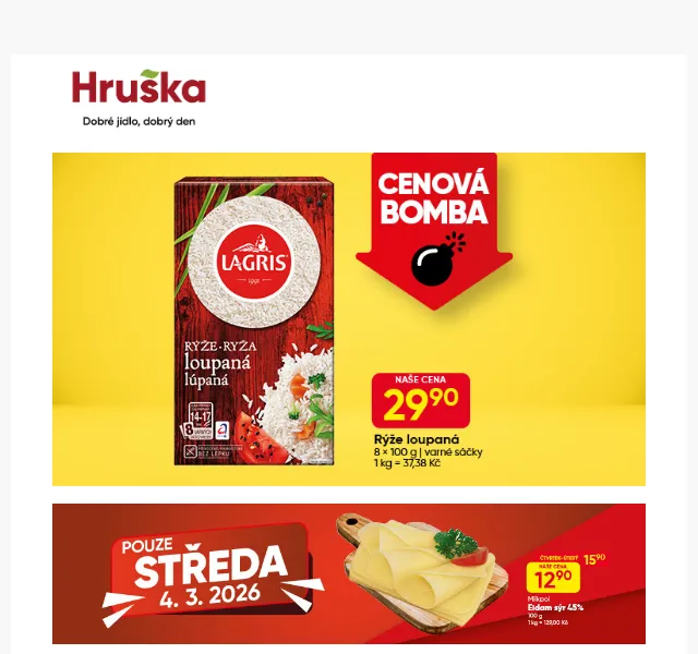 Hruška: Rýže loupaná 29,90 Kč, Eidam 45% 12,90 Kč – březen 2026 | Nuslet.cz