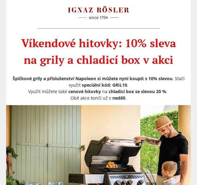 Ignazrosler.cz: 10% sleva na grily Napoleon a 20% chladic box BRAVO – červen 2026 | Nuslet.cz