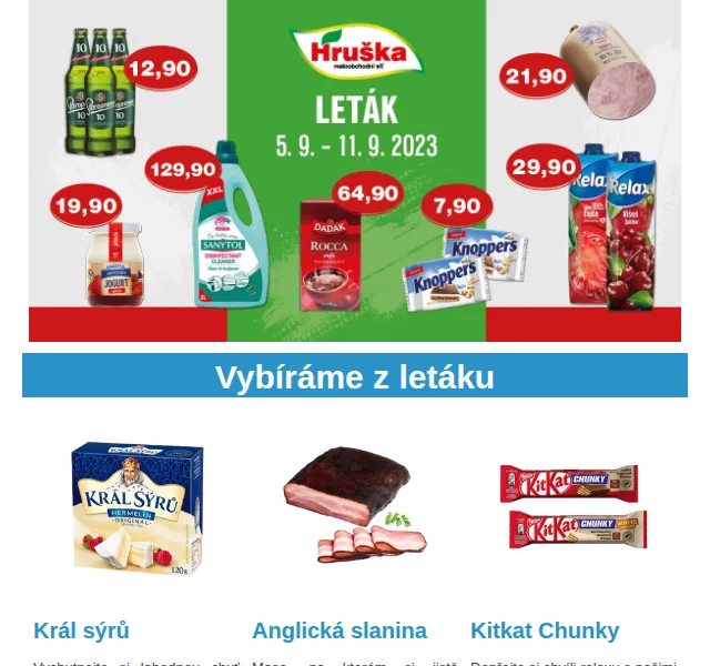 Váš HRUŠKA tým: Leták 5.–11. 9. 2023 – Hermelín 34,90 Kč, Slanina 25,90 Kč | Nuslet.cz