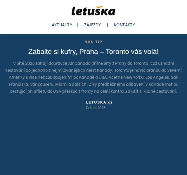 Letuška.cz: Letenky Air Canada do Toronta & EXPO 2025 – červenec 2026 | Nuslet.cz