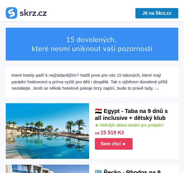 Skrz: Last minute zájezdy Egypt, Řecko, Chorvatsko – červenec 2026 | Nuslet.cz