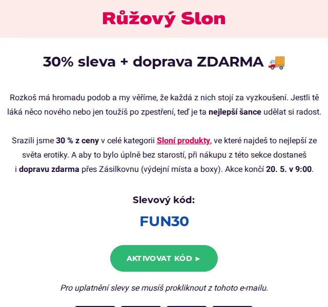 Růžový slon: 30 % sleva na hračky + doprava zdarma – květen 2026