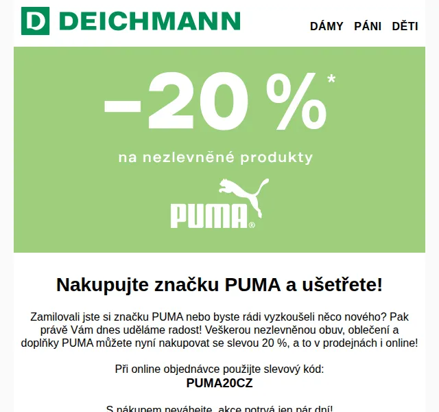 DEICHMANN: Sleva 20 % na značku PUMA – červen 2026 | Nuslet.cz