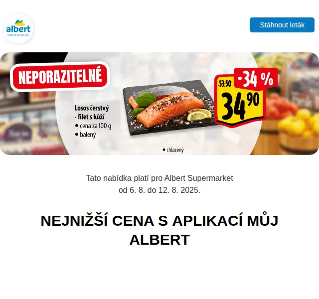 Albert: Kuře 59,90 Kč/kg, Hermelín 59,90 Kč – srpen 2025 | Nuslet.cz
