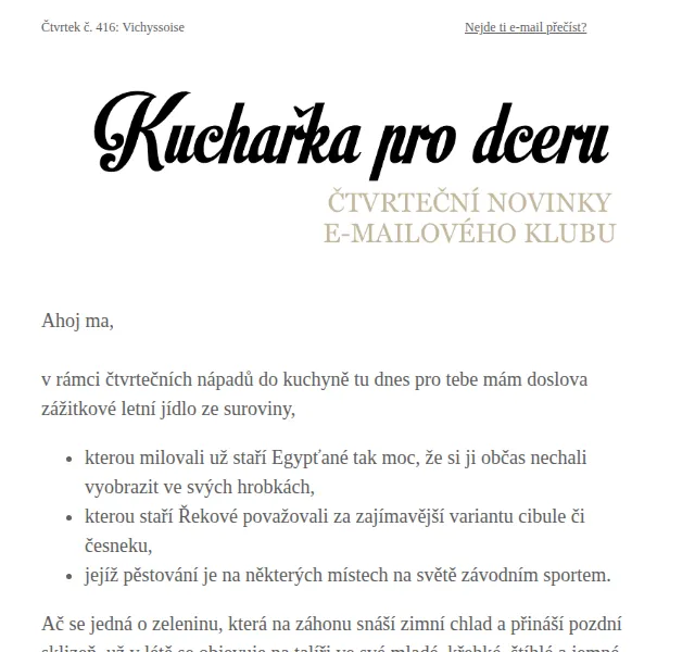 Florentýna - Kuchařka pro dceru: Recept na Vichyssoise – červen 2026 | Nuslet.cz