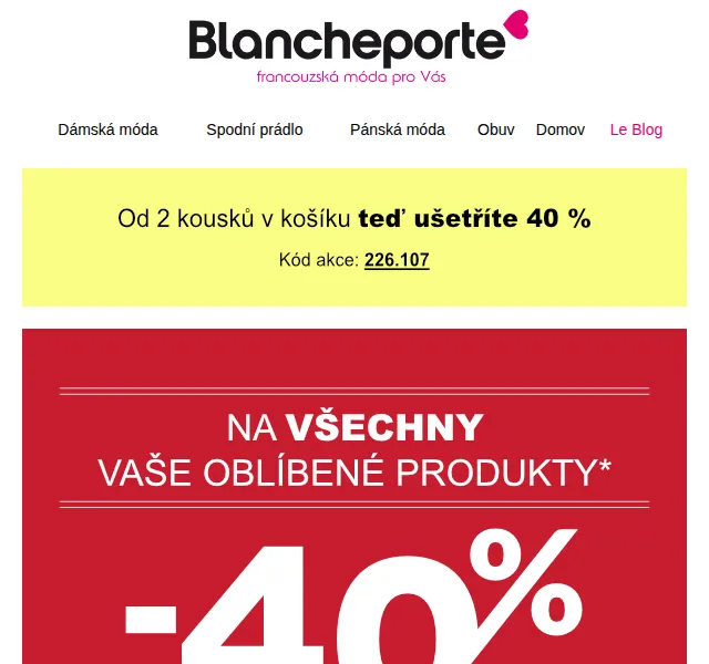 Blancheporte: -40 % na celý košík od 2 ks – červen 2026