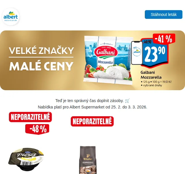 Albert: Galbani, Tchibo, Pilsner Urquell – únor 2026 | Nuslet.cz
