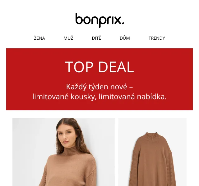 Bonprix: TOP DEALS – svetry, kalhoty od 379 Kč – září 2026