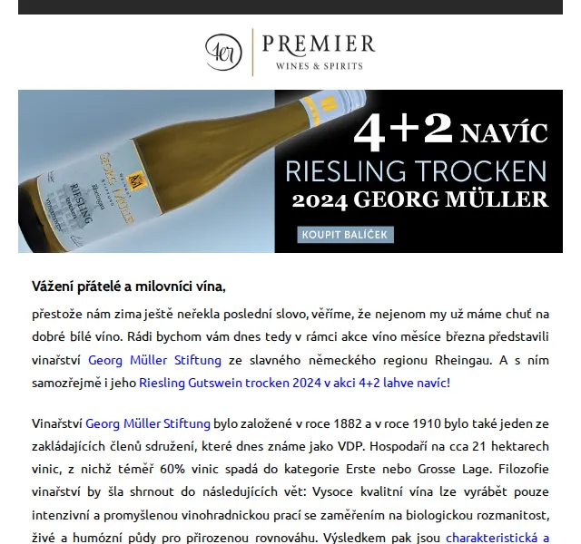 Premier Wines & Spirits: 4+2 lahve Riesling trocken 2024 zdarma – březen 2026 | Nuslet.cz