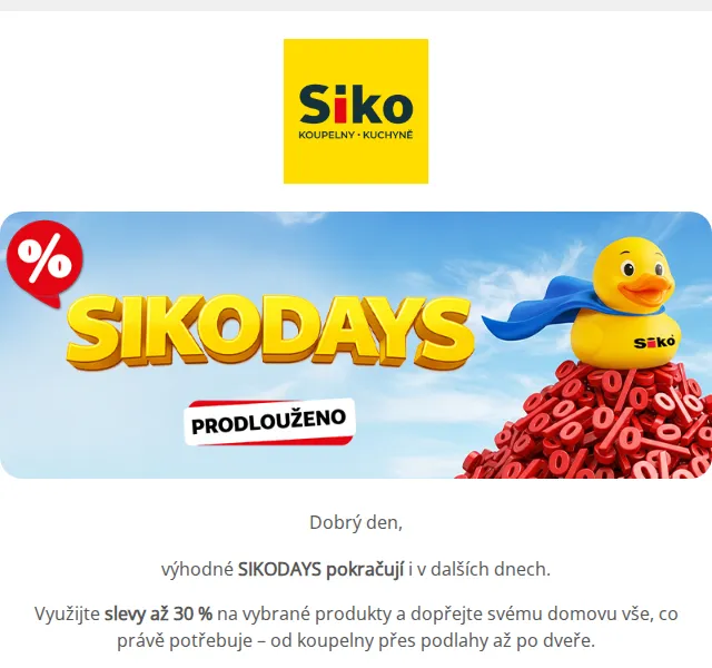 SIKO KOUPELNY: slevy až 30 % na koupelny – červen 2026