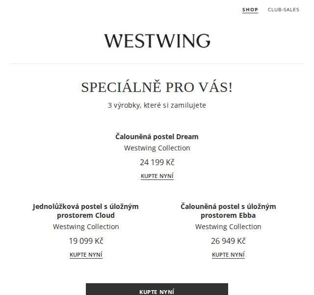 Westwing: čalouněné postele Dream, Cloud a Ebba – červenec 2026 | Nuslet.cz