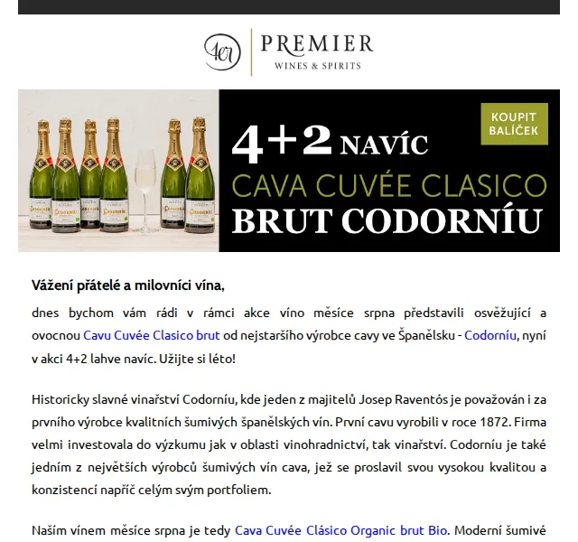 Premier Wines & Spirits: Cava Codorníu 4+2 lahve – srpen 2025 | Nuslet.cz
