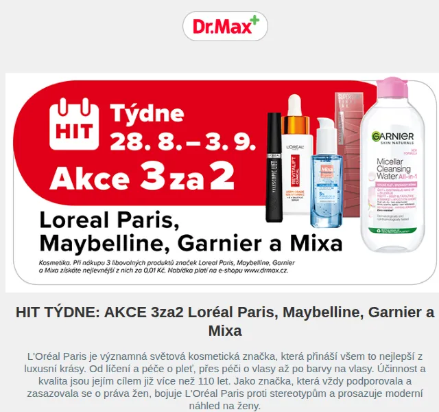 Dr.Max: Akce 3 za 2 L'Oréal, Maybelline, Garnier, Mixa – červenec 2026 | Nuslet.cz