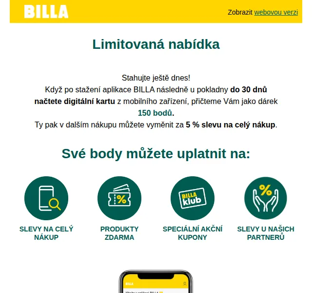 Billa: 5 % sleva na celý nákup po stažení aplikace – červenec 2026 | Nuslet.cz