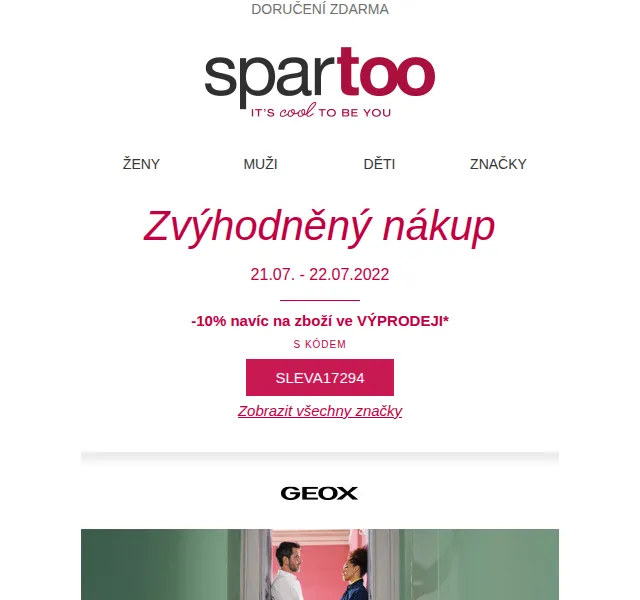 Spartoo.cz: Až -60 % + 10 % extra na Geox, Converse a Nike – červenec 2026 | Nuslet.cz