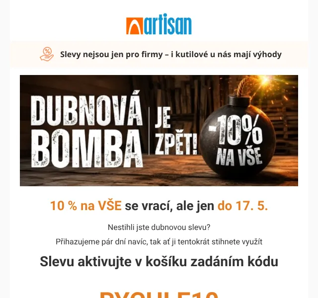 Artisan.cz: 10 % na všechny stavební materiály – květen 2026