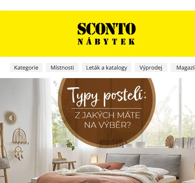 Sconto: Typy postelí – slevy na nábytek | srpen 2026