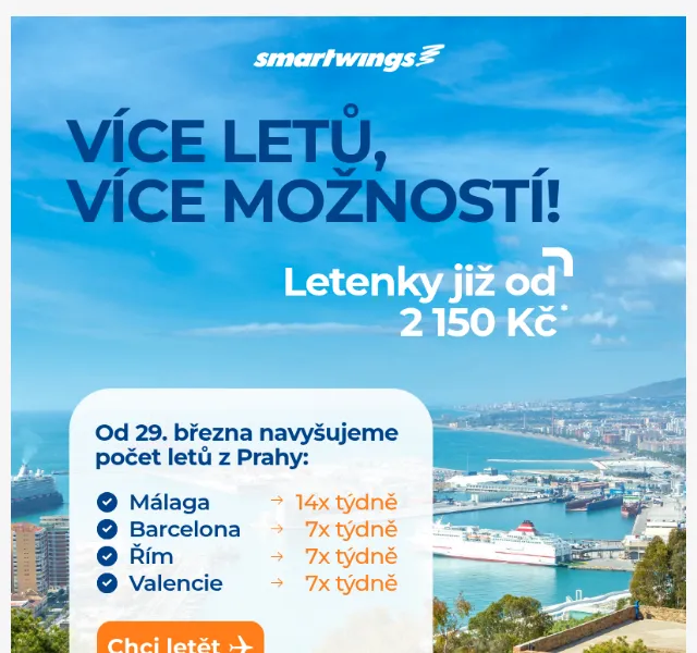 Smartwings: Letenky již od 2 150 Kč – červenec 2026 | Nuslet.cz