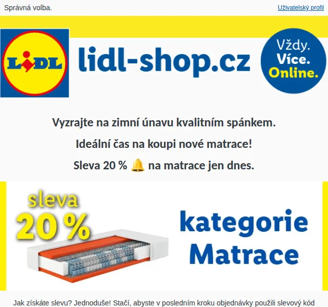 Lidl: Sleva 20 % na matrace s kódem – červenec 2026 | Nuslet.cz