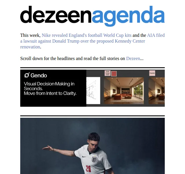 Dezeen Daily: Nike design anglických dresů a AIA žaluje Trumpa – červenec 2026 | Nuslet.cz
