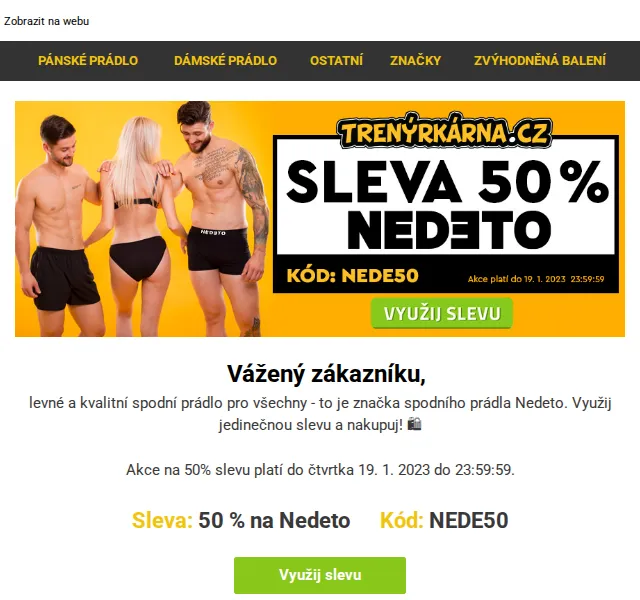 Trenýrkárna: 50% sleva na Nedeto – červenec 2026 | Nuslet.cz