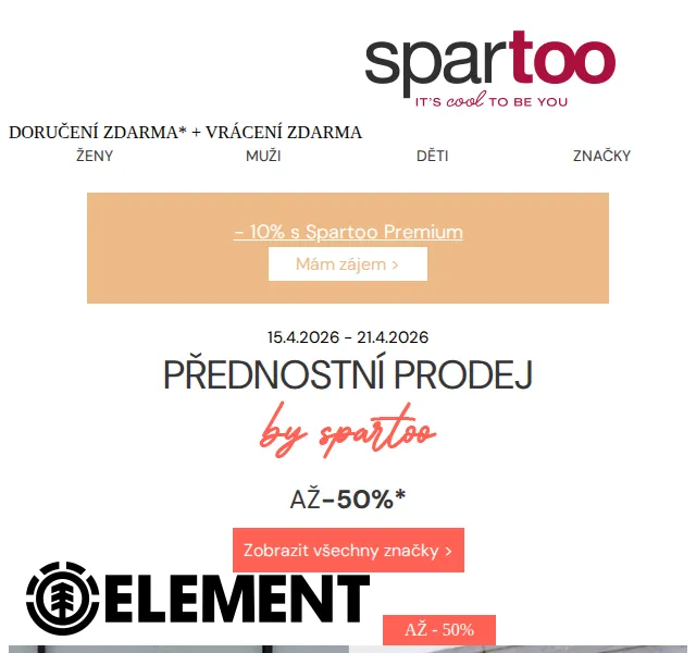 Spartoo.cz: Až -50% na Element – duben 2026 | Nuslet.cz