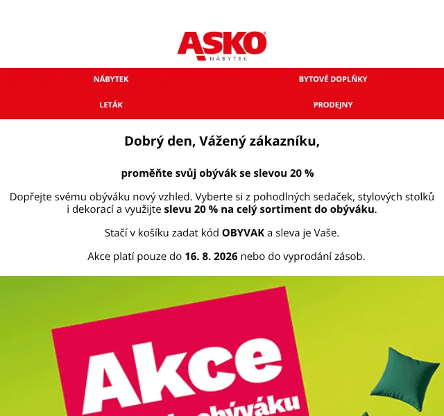 Asko Nábytek: Obývací pokoj se slevou 20 % – srpen 2026