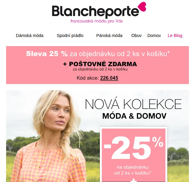 Blancheporte: 25% sleva a doprava zdarma při nákupu 2 ks – červenec 2026 | Nuslet.cz