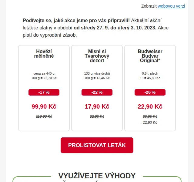 Billa: máslo 29,90 Kč a hovězí mleté 99,90 Kč – září 2023 | Nuslet.cz