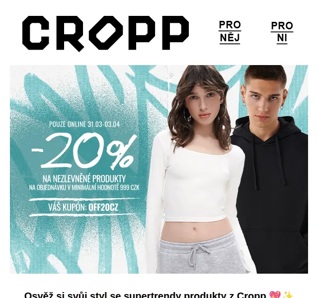 Cropp: -20% na nezlevněné produkty nad 999 Kč – březen 2026 | Nuslet.cz