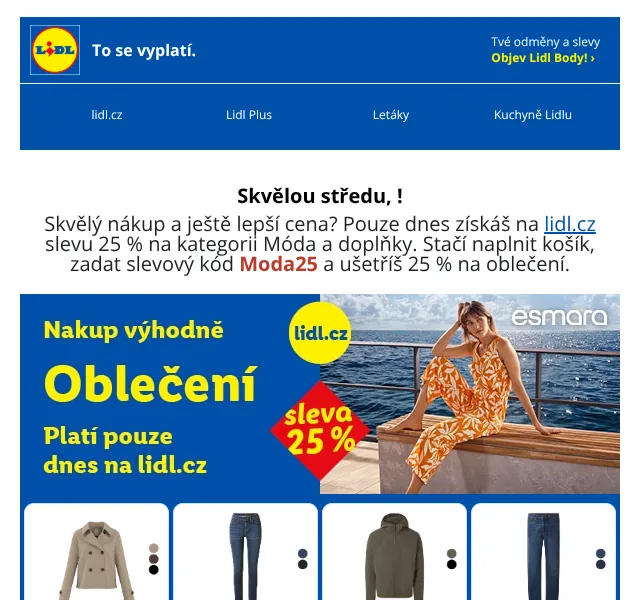 Lidl: sleva 25 % na módu + slevový kód Moda25