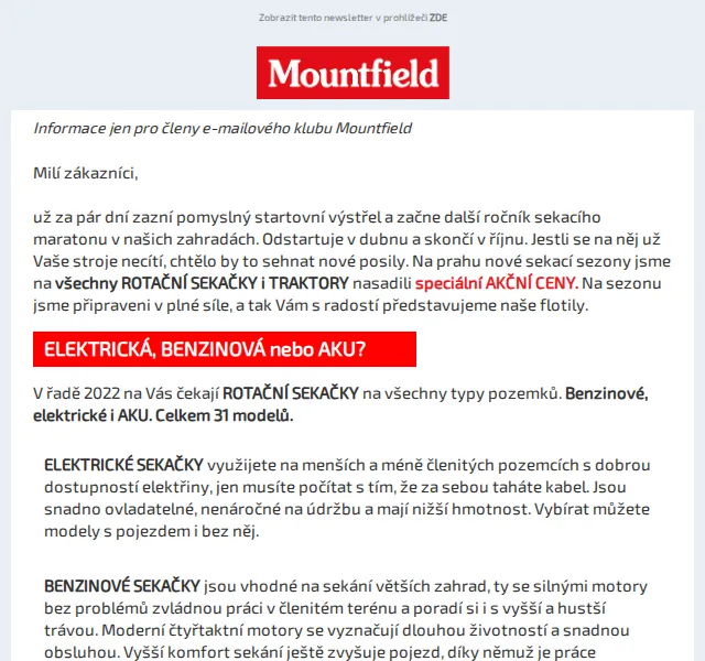Mountfield: Sekačky a traktory za akční ceny – červen 2026 | Nuslet.cz