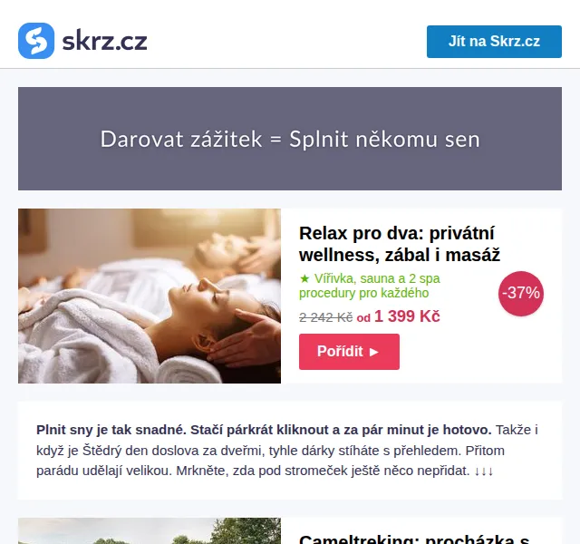 Vánoce na Skrz: dárky za 149 Kč wellness adrenalin zábava – červen 2026 | Nuslet.cz