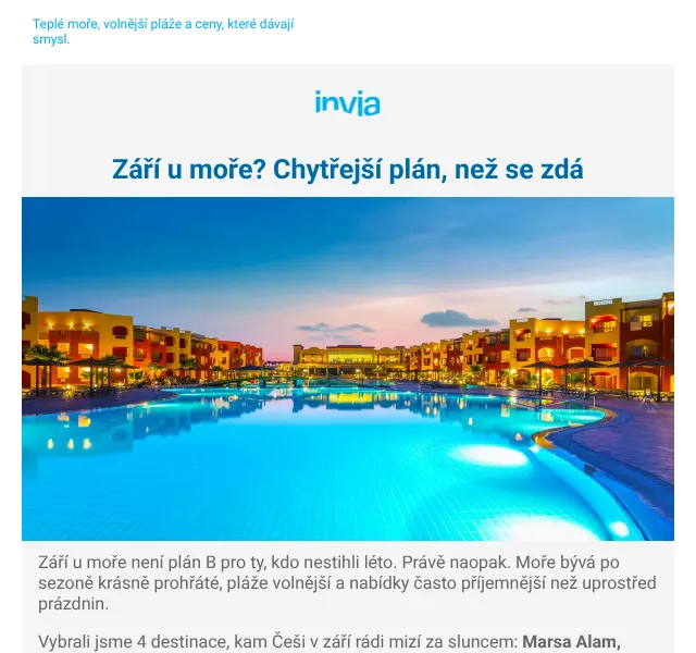 Invia: Září u moře – 4 destinace od 12 772 Kč | Srpen 2026