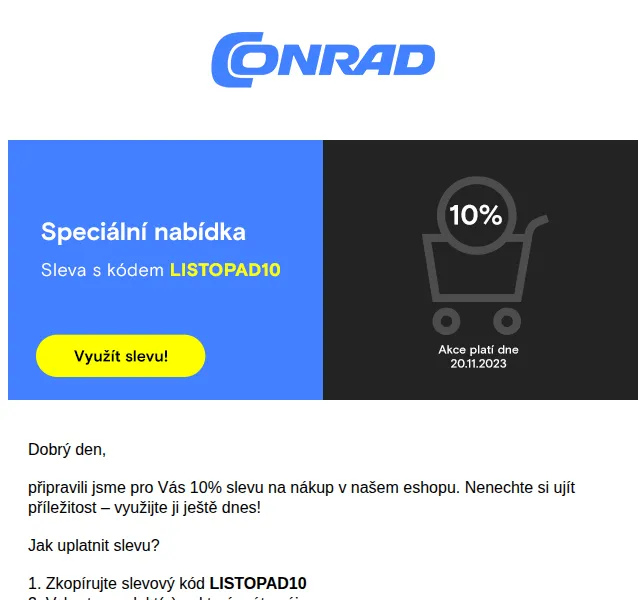 Conrad Electronic: 10% sleva na vše – listopad 2023 | Nuslet.cz