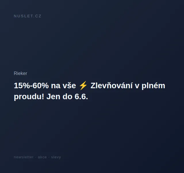 Rieker: Sleva 15 %–60 % na celý sortiment – červen 2026 | Nuslet.cz