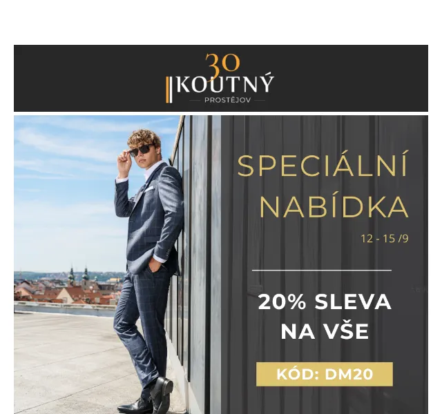 Koutný: 20% sleva na pánské obleky – září 2026 | Nuslet.cz