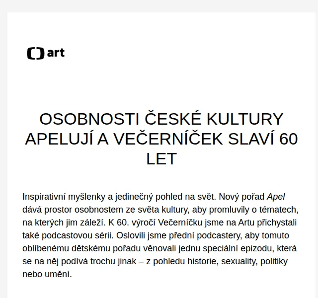 Web ČT art: Pořad Apel a Večerníček 60 let – červenec 2026 | Nuslet.cz
