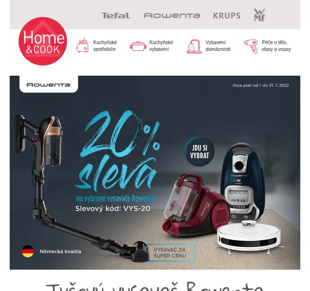 Home & Cook: Extra 20% sleva na vysavače Rowenta – červen 2026 | Nuslet.cz