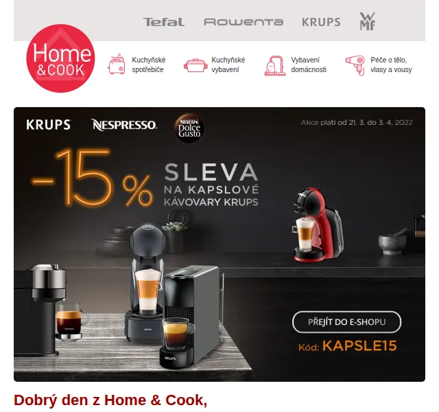 Home & Cook: Sleva 15–20 % na kávovary, roboty a nádobí – červen 2026 | Nuslet.cz