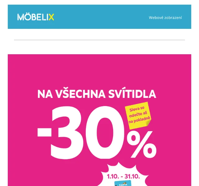 Möbelix: 30 % sleva na svítidla – říjen 2026