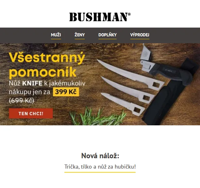 BUSHMAN: Nová kolekce triček a nůž za 399 Kč – červenec 2026 | Nuslet.cz