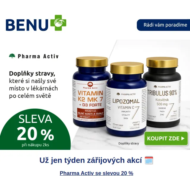 BENU E-shop: Pharma Activ -20%, Braun -27% – září 2026