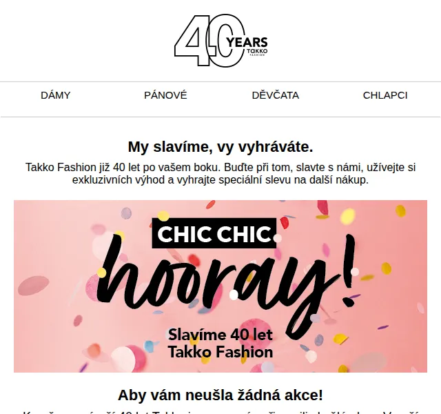 Takko Fashion: Sleva 20 % na nákup – výročí 40 let – srpen 2026 | Nuslet.cz