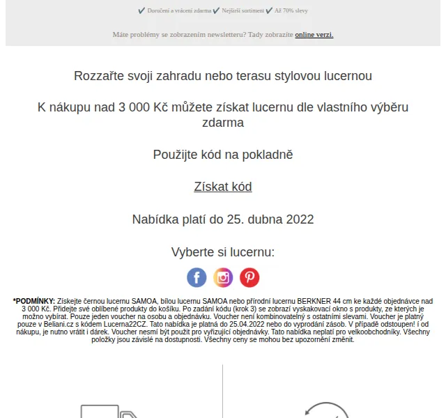 Beliani: Lucerna zdarma k nákupu nad 3 000 Kč – srpen 2026 | Nuslet.cz