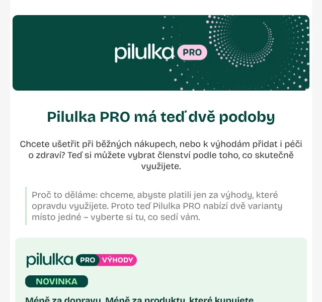 Pilulka.cz: Pilulka PRO od 29 Kč/měs – září 2026